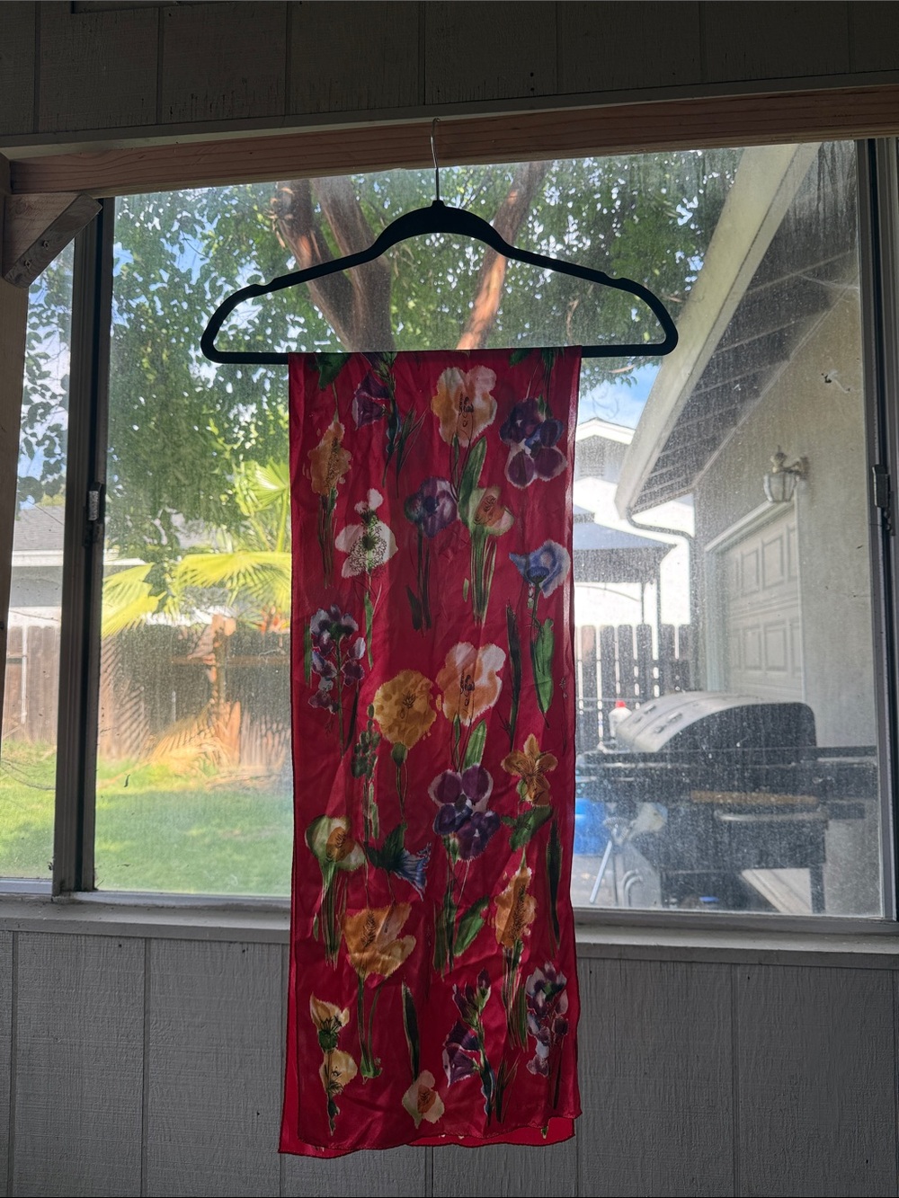 Echo Red Floral Sheer Scarf with Multicolor Blooms